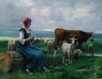 羊飼い Painting - デパルデスとヤギ 羊 牛の農場生活 リアリズム ジュリアン・デュプレ